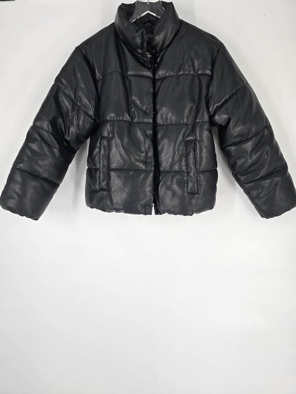 Zara Black Faux Leather Puffer Jacket High Collar Girls Size 13-14